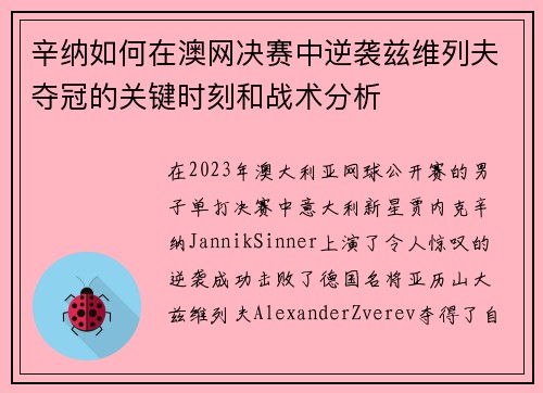 辛纳如何在澳网决赛中逆袭兹维列夫夺冠的关键时刻和战术分析