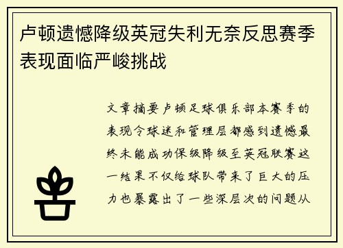卢顿遗憾降级英冠失利无奈反思赛季表现面临严峻挑战