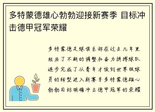 多特蒙德雄心勃勃迎接新赛季 目标冲击德甲冠军荣耀